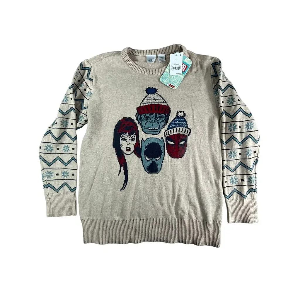 Disney Marvel Sweater Holiday Christmas Pullover Boys Large Brown Youth NWT
